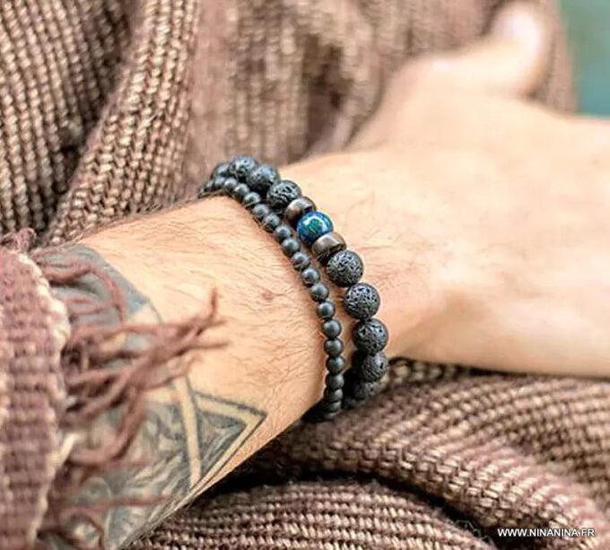 N6392 Bracelet pierre de lave homme et turquoise africaine - Bijoux Bracelets en ligne Ninanina