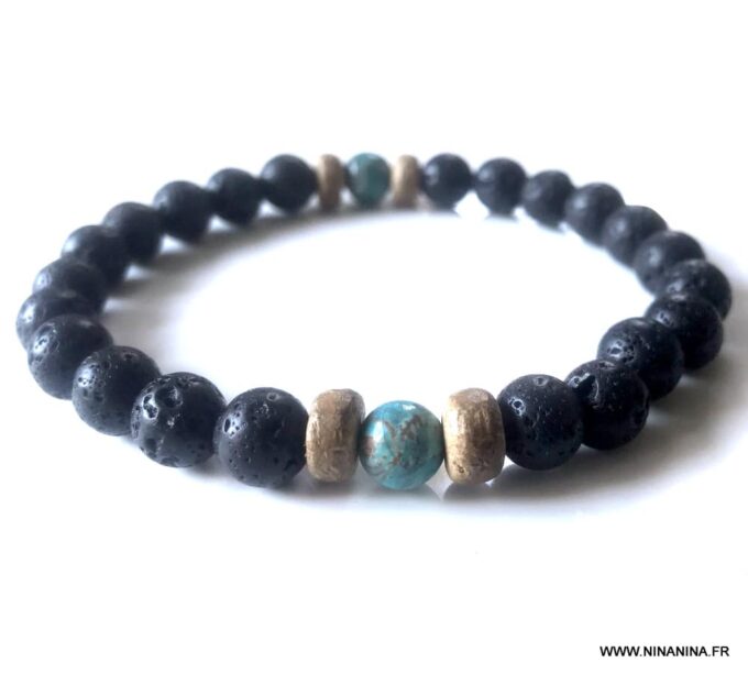 N6392a Bracelet de pierre de lave homme et turquoise africaine - Bijoux Bracelets en ligne Ninanina