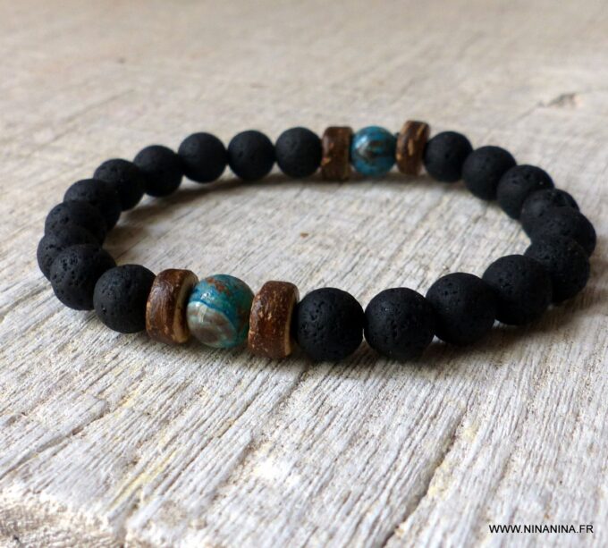 N6392b Bracelet pierre de lave homme et perle en turquoise naturelle - Bijoux Bracelets en ligne Ninanina