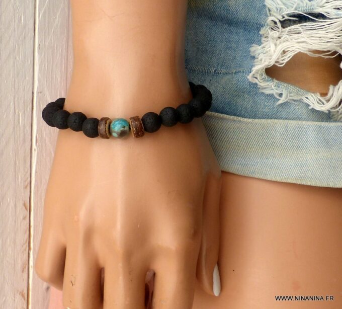N6392c Bracelet pierre de lave homme et perle en turquoise naturelle - Bijoux Bracelets en ligne Ninanina