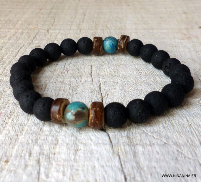 N6392e Bracelet pierre de lave homme et perle en turquoise naturelle - Bijoux Bracelets en ligne Ninanina