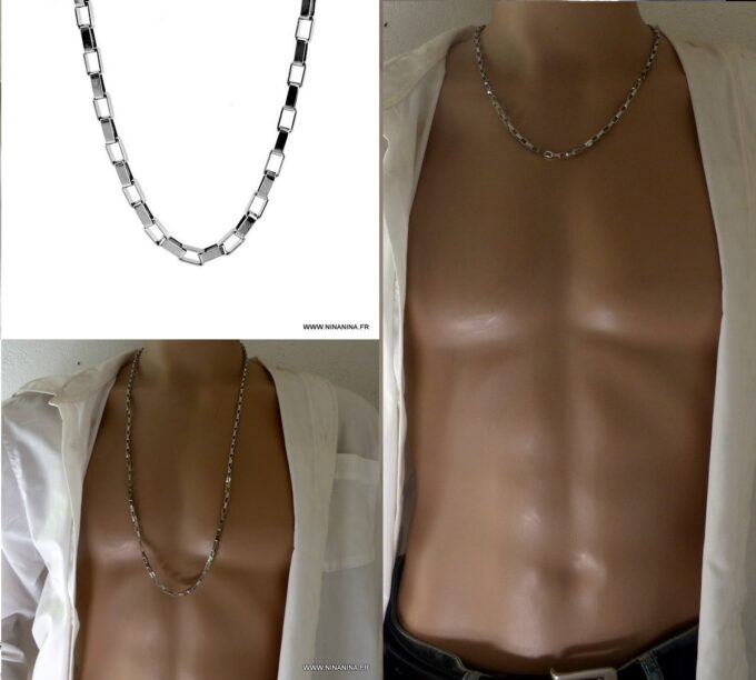 N6394 Chaine homme acier inoxydable argenté maillons rectangle - Bijoux Chaines en ligne Ninanina