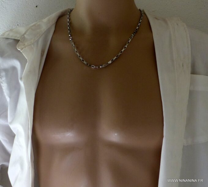 N6394b Chaine homme acier inoxydable argenté maillons rectangle - Bijoux Chaines en ligne Ninanina