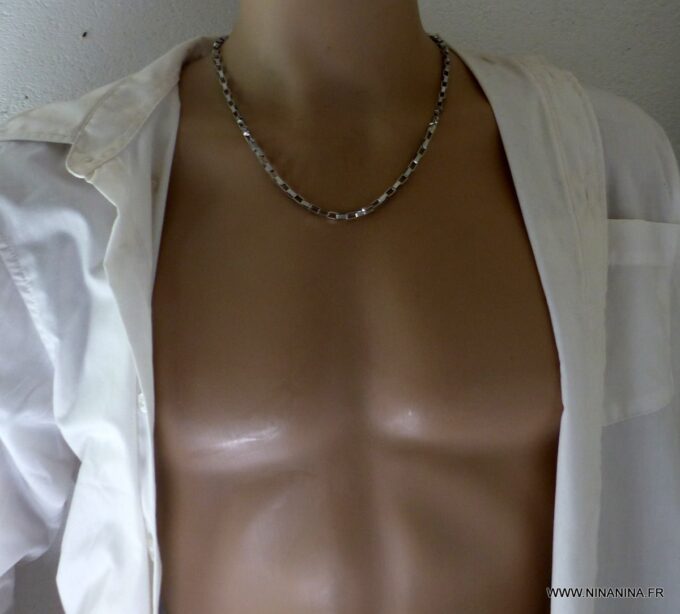 N6394c Chaine homme acier inoxydable argenté maillons rectangle - Bijoux Chaines en ligne Ninanina