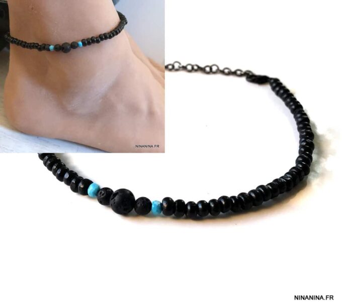 N6395b Bracelet cheville surfeuse surfer pierre de lave et turquoise - Bijoux de pied en ligne Ninanina