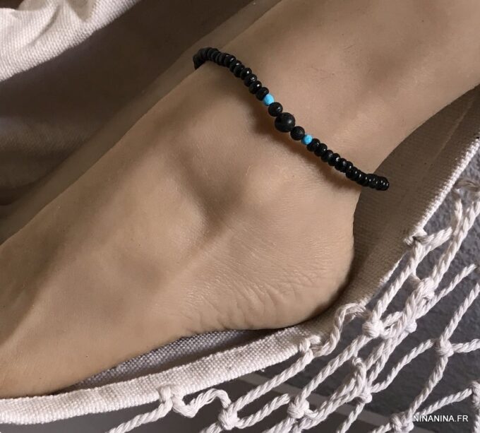N6395c Bracelet cheville surfeuse surfer pierre de lave et turquoise - Bijoux de pied en ligne Ninanina
