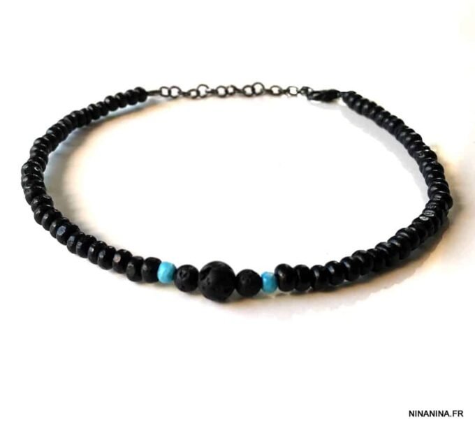 N6395d Bracelet cheville surfeuse surfer pierre de lave et turquoise - Bijoux de pied en ligne Ninanina