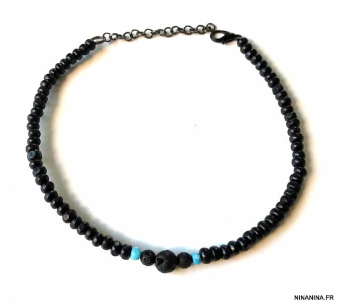 N6395f Bracelet cheville surfeuse surfer pierre de lave et turquoise - Bijoux de pied en ligne Ninanina