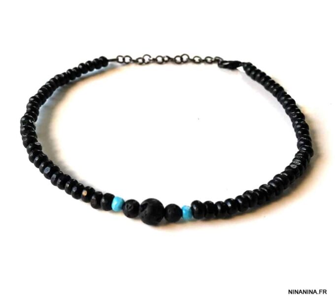 N6395i Bracelet cheville surfeuse surfer pierre de lave et turquoise - Bijoux de pied en ligne Ninanina