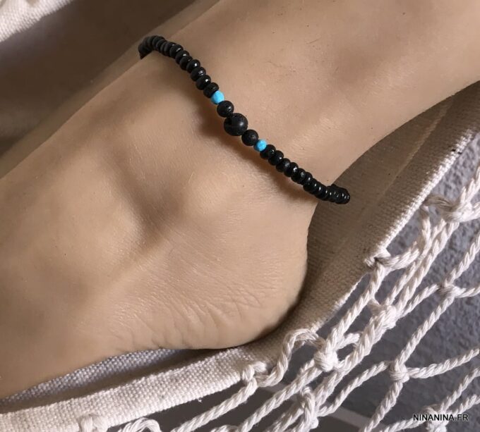 N6395j Bracelet cheville surfeuse surfer pierre de lave et turquoise - Bijoux de pied en ligne Ninanina