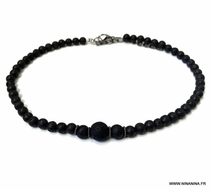 N6396 Bracelet de cheville homme pierre de lave noire - Bijoux Bracelets en ligne Ninanina