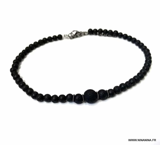N6396a Bracelet de cheville homme pierre de lave noire - Bijoux Bracelets en ligne Ninanina