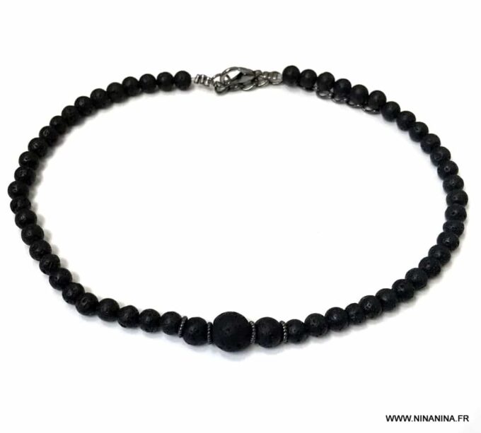 N6396b Bracelet de cheville homme pierre de lave noire - Bijoux Bracelets en ligne Ninanina