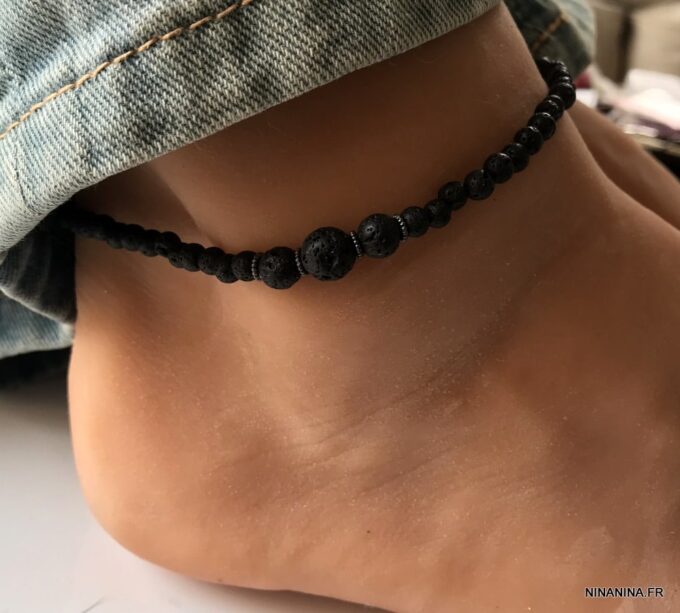 N6396f Bracelet de cheville homme pierre de lave noire - Bijoux Bracelets en ligne Ninanina