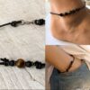 N6397 Bracelet de cheville homme ethnique tribale cordon cuir pierres fines pierre de lave et oeil de tigre - Bijoux Bracelets en ligne Ninanina