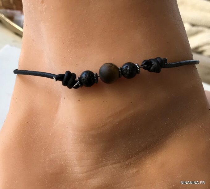 N6397c Bracelet au cheville homme pierre de lave oeil de tigre - Bijoux Bracelets en ligne Ninanina