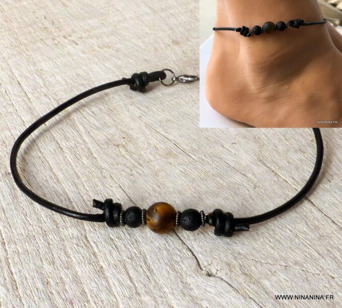 N6397d Bracelet de cheville homme ethnique tribale cordon cuir pierres fines pierre de lave et oeil de tigre - Bijoux Bracelets en ligne Ninanina