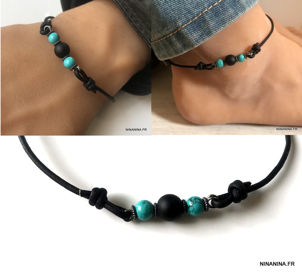 Bracelet en Cuir & Perle Noire pour Femme