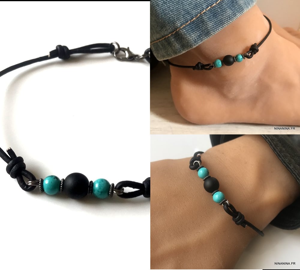 Bracelet cheville bleu turquoise naturelle argent femme - Ninanina