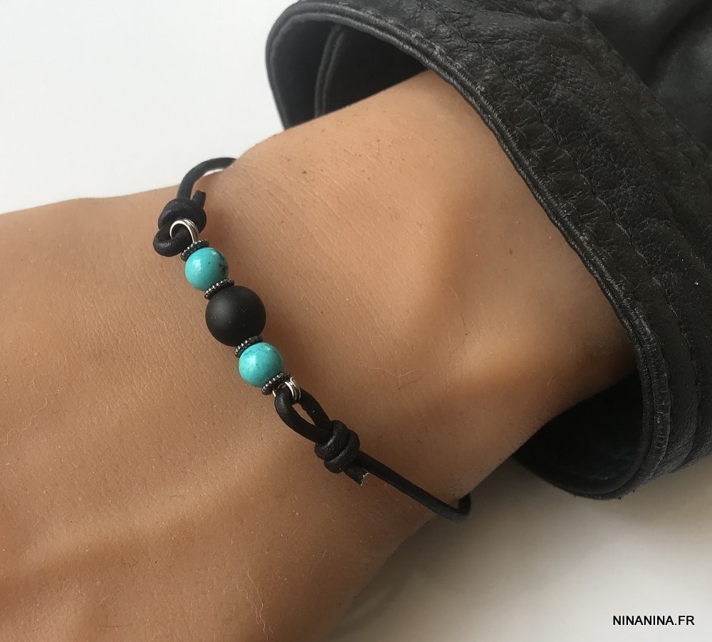 Bracelet homme cuir et pierre naturelle onyx