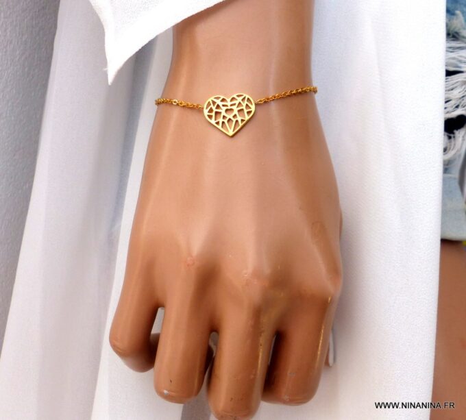 N6401b Bracelet femme coeur acier inoxydable doré - Bijoux Bracelets en ligne Ninanina (2)