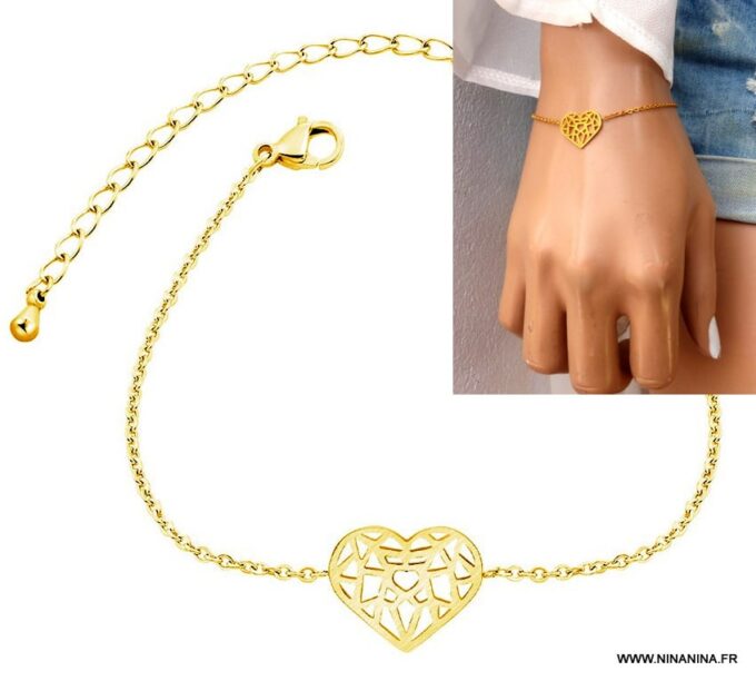 N6401e Bracelet femme coeur acier inoxydable doré - Bijoux Bracelets en ligne Ninanina (2)
