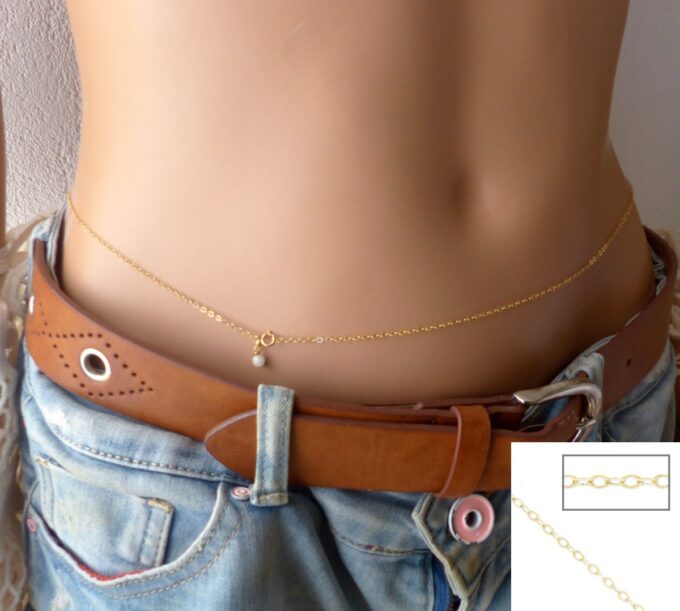 N6405f Chaine de taille Or plaqué et perle en Aiguemarine bijou pierre de naissance - Bijoux Chaines en ligne Ninanina