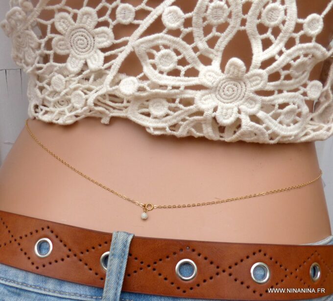 N6405h Chaine de taille Or plaqué et perle en Aiguemarine bijou pierre de naissance - Bijoux Chaines en ligne Ninanina