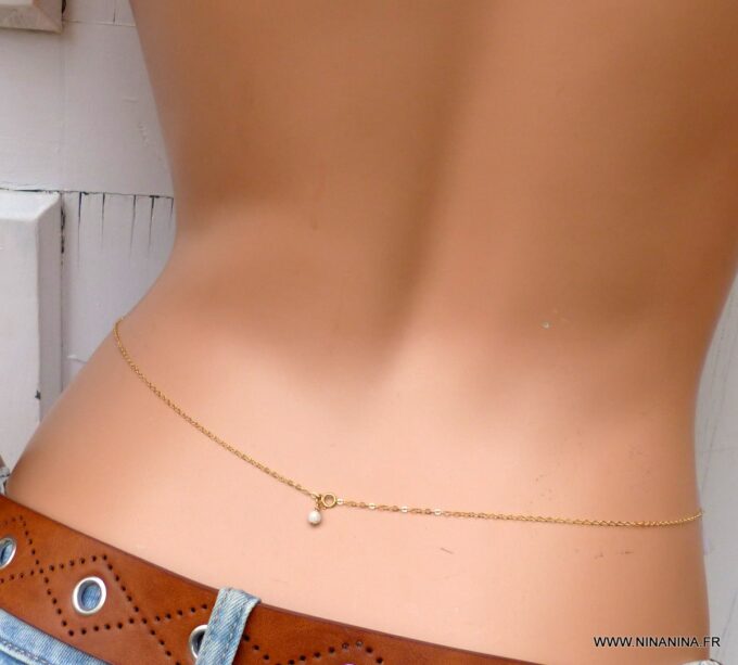 N6405n Chaine de taille Or plaqué et perle en Aiguemarine bijou pierre de naissance - Bijoux Chaines en ligne Ninanina