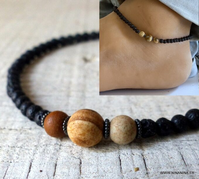N6407B Bracelet cheville pierre de lave homme et femme - Bijoux bracelets en ligne Ninanina