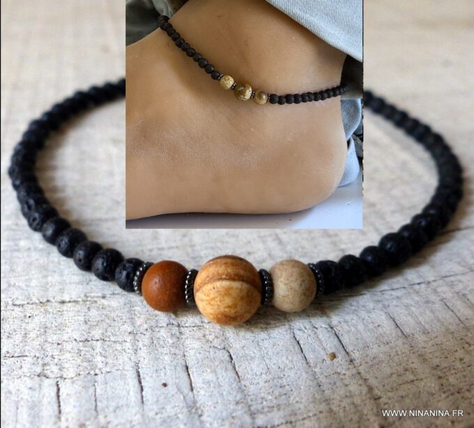 N6407F Bracelet de cheville homme pierre de lave perles Pierre naturelle - Bijoux bracelets en ligne Ninanina