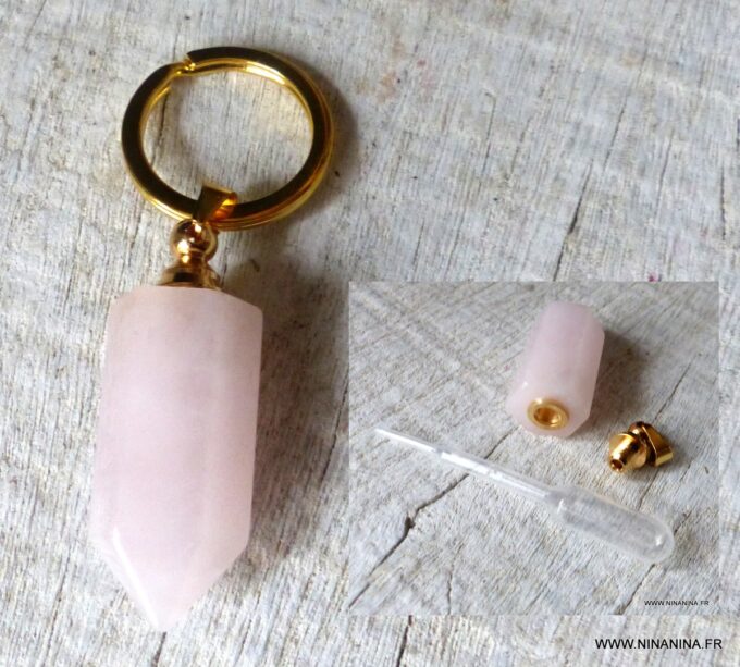 N6421b Porte clé femme pendentif mini flacon de parfum en quartz rose et plaqué or - Bijoux Porte clés en ligne Ninanina