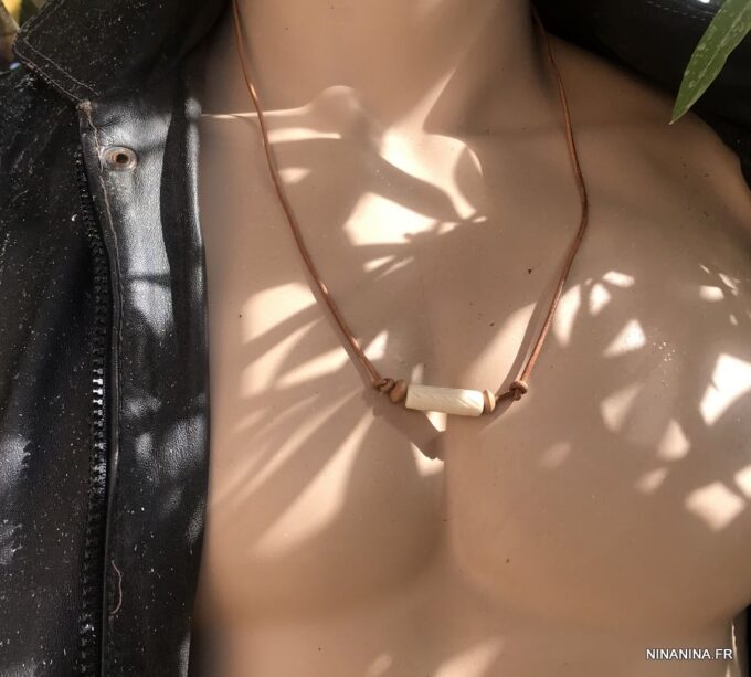 N6441a Tour de cou homme cordon cuir perle ethnique - Bijoux Colliers en ligne Ninanina