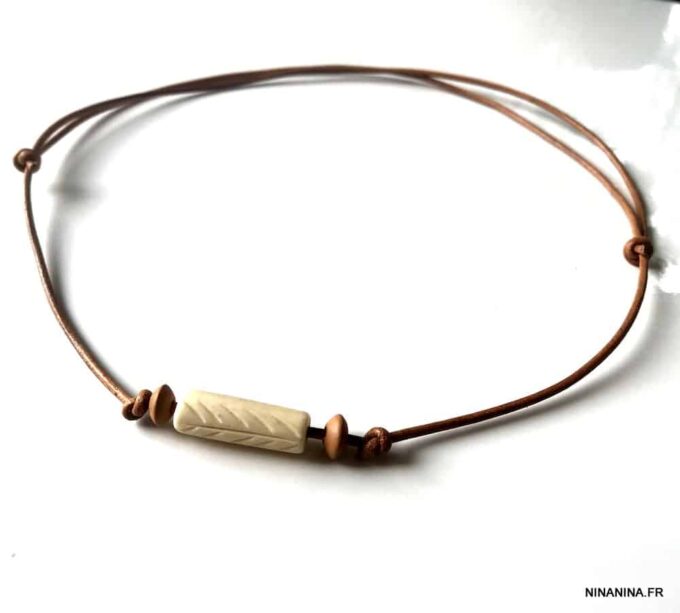 N6441c Tour de cou homme cordon cuir perle ethnique - Bijoux Colliers en ligne Ninanina