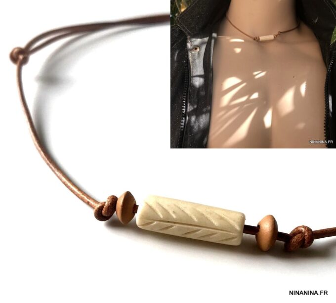 N6441f Tour de cou homme cordon cuir perle ethnique - Bijoux Colliers en ligne Ninanina