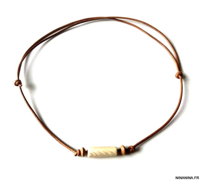 N6441g Tour de cou homme cordon cuir perle ethnique - Bijoux Colliers en ligne Ninanina