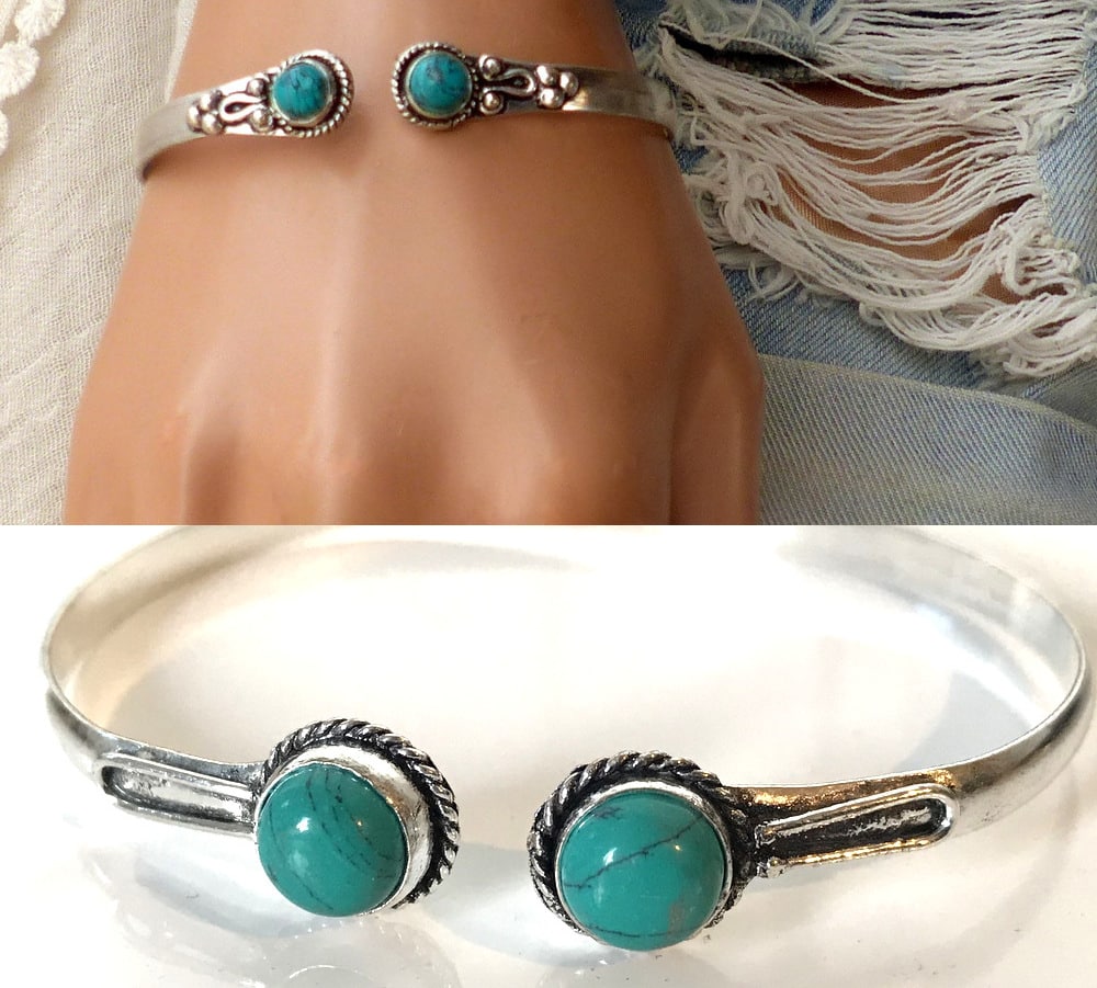 Bracelet cheville bleu turquoise naturelle argent femme - Ninanina