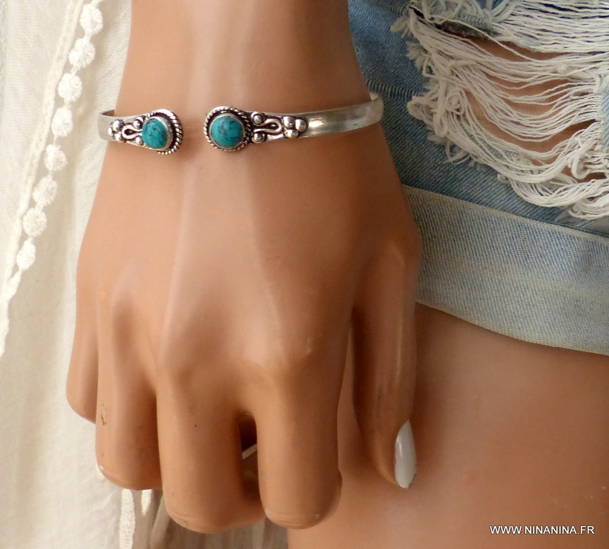 Bracelet jonc turquoise naturelle large argent plaqué - Ninanina