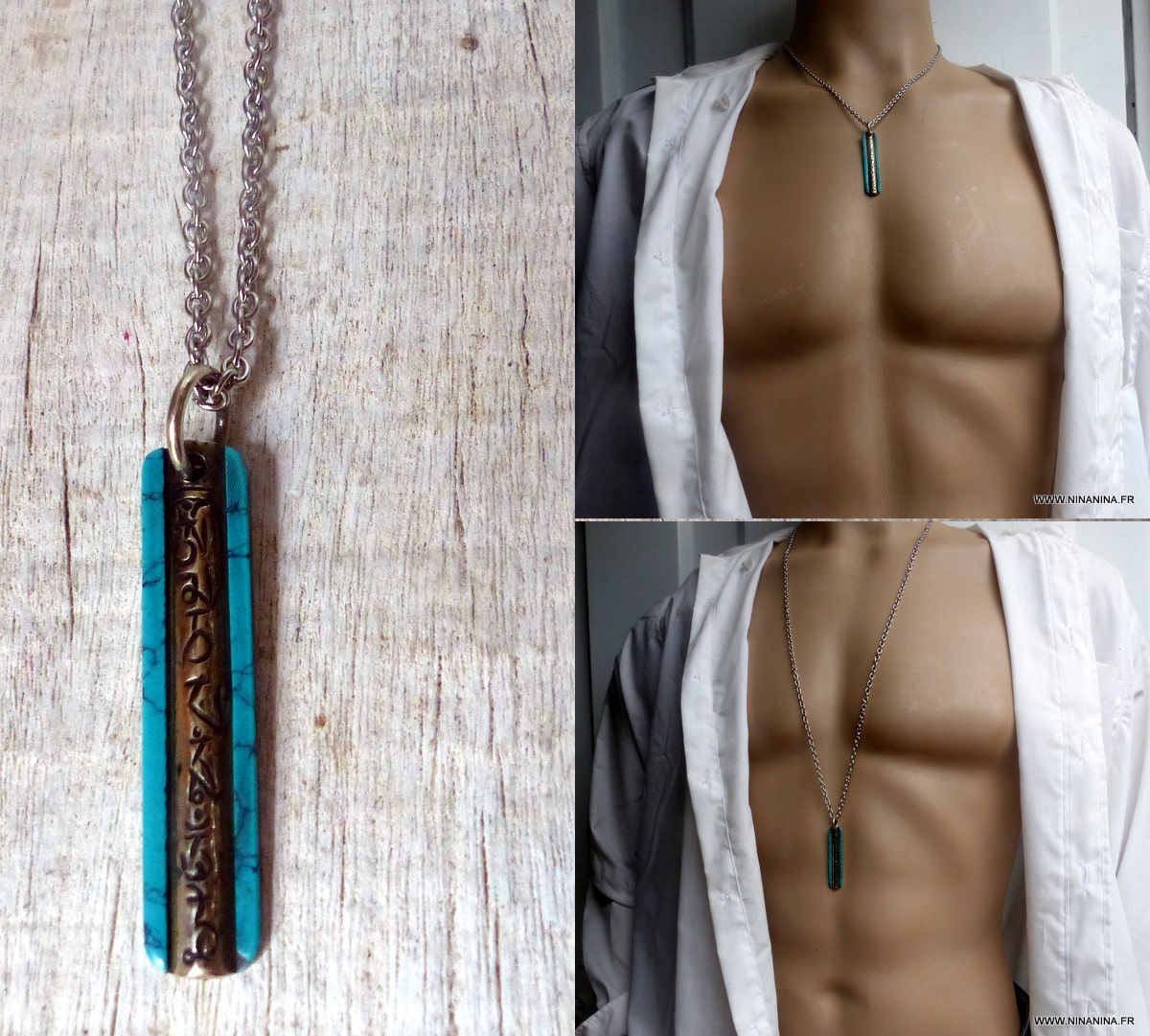 Collier homme pendentif amulette porte bonheur turquoise- Ninanina