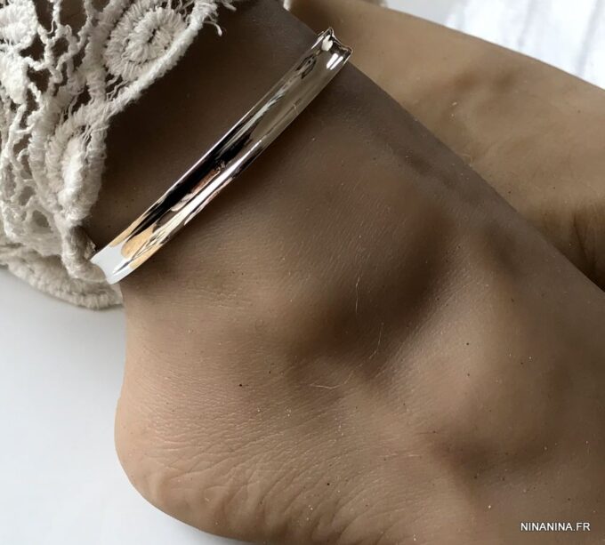 N6448b Bracelet cheville argent femme plaqué large et rigide - Bijoux Bracelets femmes en ligne Ninanina