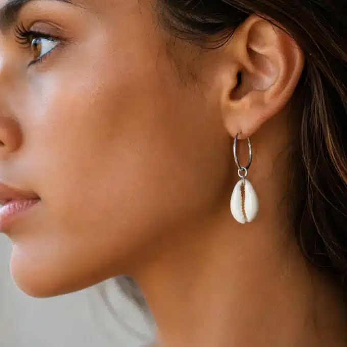 N6454 - Boucles d'oreilles créoles coquillage cauri - Bijoux boucles d oreilles en ligne Ninanina