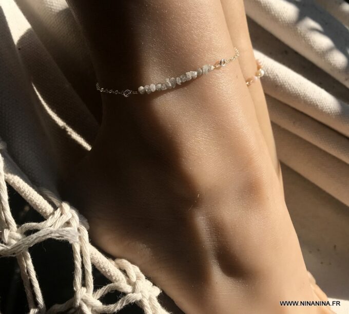 N6457 Chaine de cheville Diamant blanc Argent 925 massif femme - Bijoux de pied en ligne Ninanina