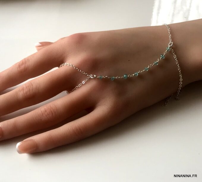 N6462b Bracelet doigt poignet bague parure de main pierre topaze bleu - Bijoux Bracelets en ligne Ninanina