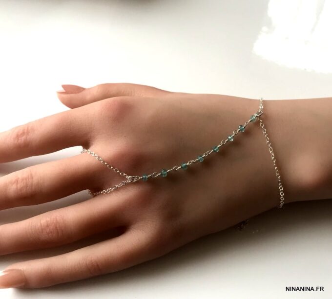 N6462e Bracelet doigt poignet bague parure de main pierre topaze bleu - Bijoux Bracelets en ligne Ninanina