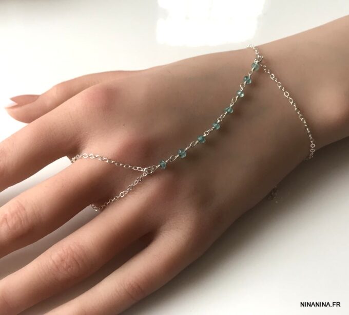 N6462g Bracelet doigt poignet bague parure de main pierre topaze bleu - Bijoux Bracelets en ligne Ninanina