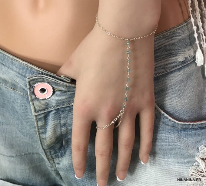 N6462m Bracelet doigt poignet bague parure de main pierre topaze bleu - Bijoux Bracelets en ligne Ninanina
