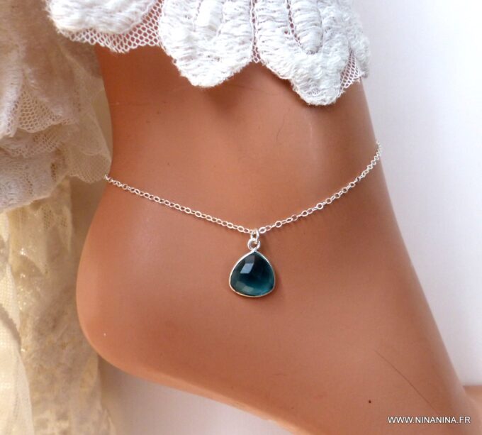 N6467 - Chaine de cheville pierre de naissance décembre pendentif topaze bleue et argent 925 - Bijoux Bracelets en ligne Ninanina