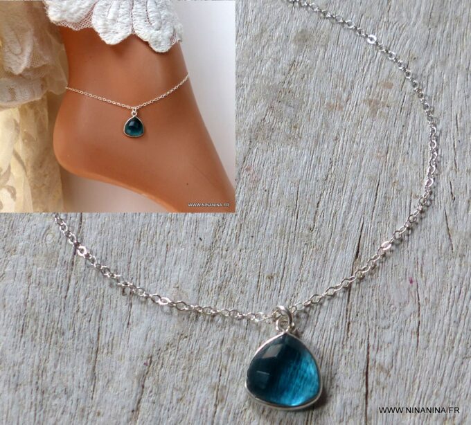 N6467a - Chaine de cheville pierre de naissance décembre pendentif topaze bleue et argent 925 - Bijoux Bracelets en ligne Ninanina