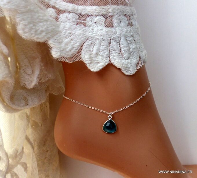 N6467b - Chaine de cheville pierre de naissance décembre pendentif topaze bleue et argent 925 - Bijoux Bracelets en ligne Ninanina
