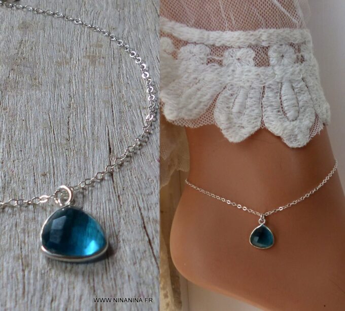 N6467c - Chaine de cheville pierre de naissance décembre pendentif topaze bleue et argent 925 - Bijoux Bracelets en ligne Ninanina